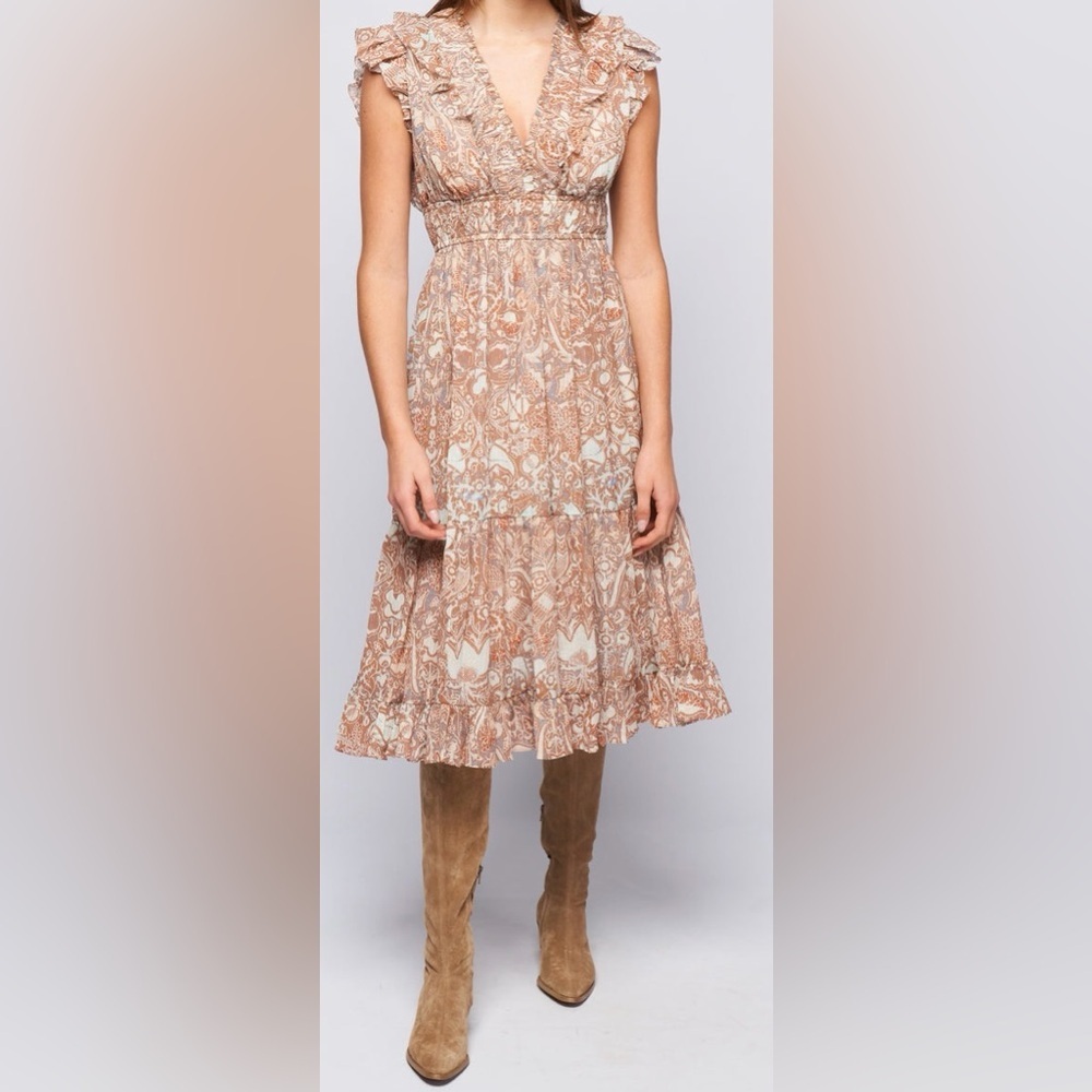 Ulla Johnson Blush Tan Paisley Ruffle Midi Dress - Picture 3 of 15